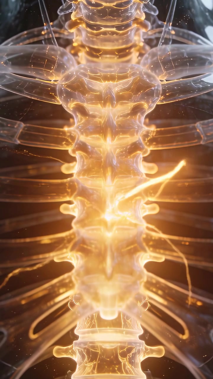 Video vertical: Columna de cristal chispeante a partir de un pulso cálido, enviando arcos de luz a lo largo de las costillas en una pantalla oscura