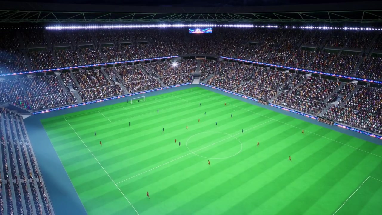 Calciatori renderizzati in 3D che effettuano il calcio d'inizio sul campo dello stadio a tarda notte.