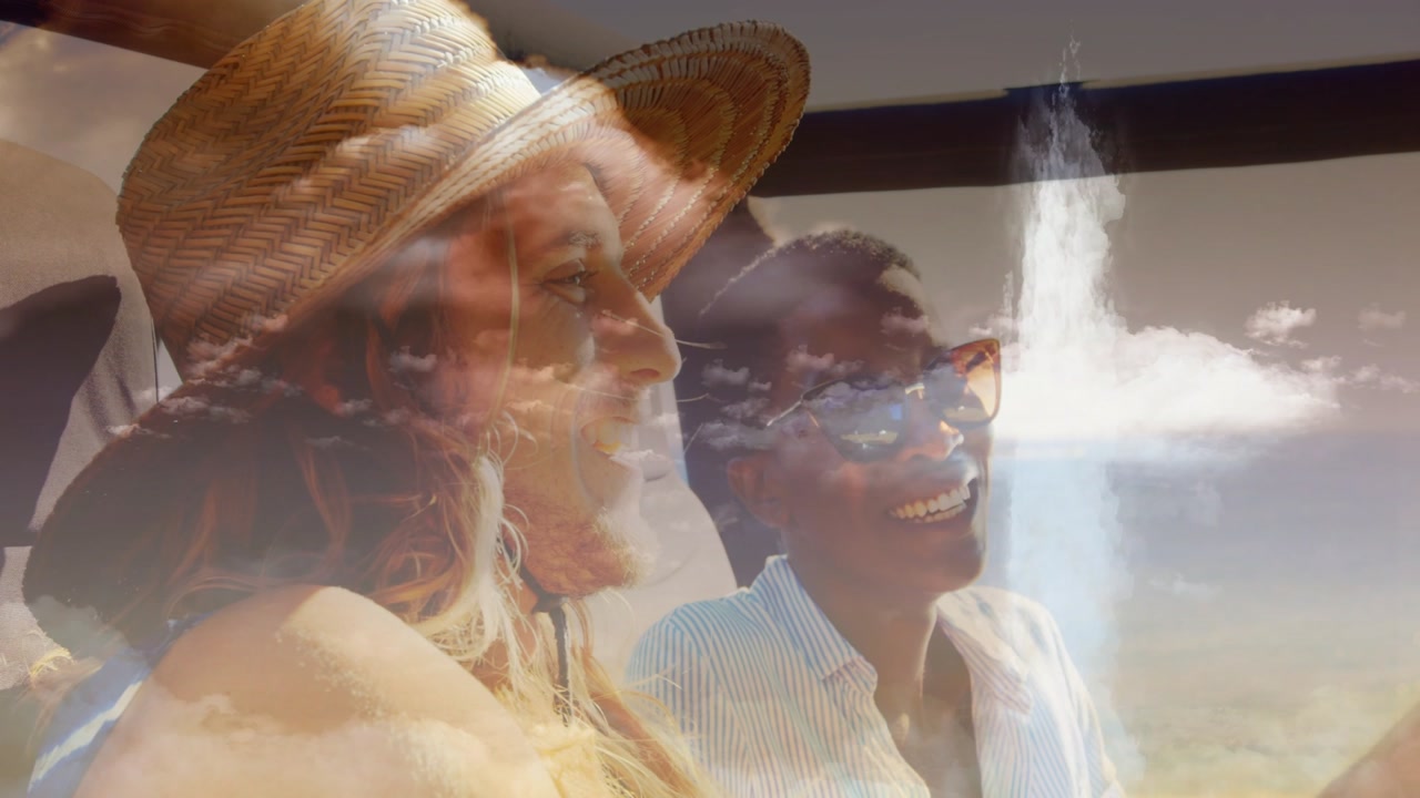 Couple sitting on deck watching jet rising sparking cloud overlay merging faces smiling for travel