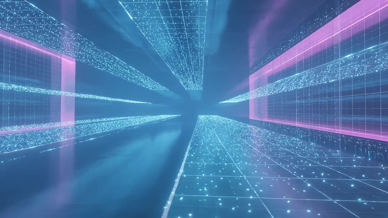 Moving camera pushing forward through particle tunnel, showing cyan grid floor, magenta walls, haze