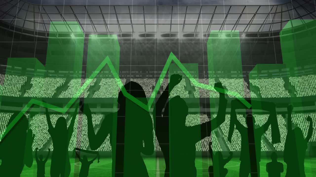 animación de gráficos verdes y procesamiento de datos sobre los aficionados en el estadio deportivo