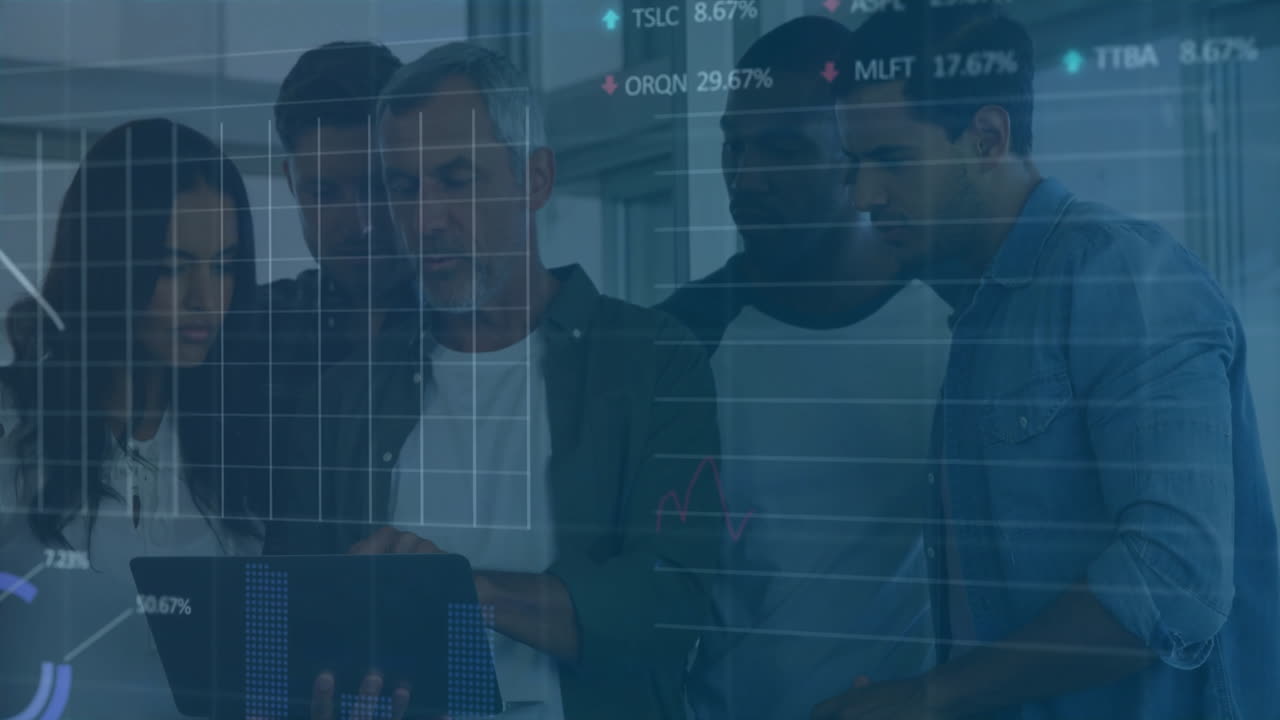 Animation of financial data processing over diverse colleagues discussing work in office