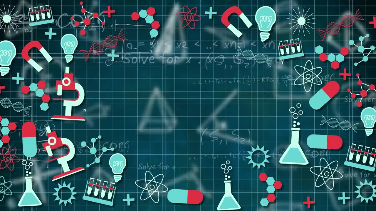 과학 개념 아이콘이 수학 다이어그램과 방정식 위에 떠다니는 디지털 애니메이션