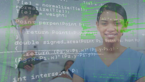 animation of data processing over happy biracial female doctor looking at camera