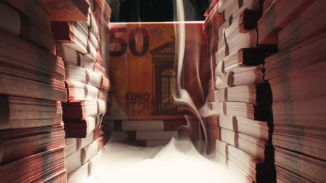 stacks of cash dollars and euro, banknotes counting, specialised police officer counting dollar euro banknotes in crime lab with machine, cashed out money, bitcoin changing, buying home flat in bank.