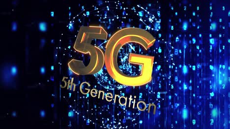 animation of 5g 5th generation text over glowing globe spinning and numbers changing