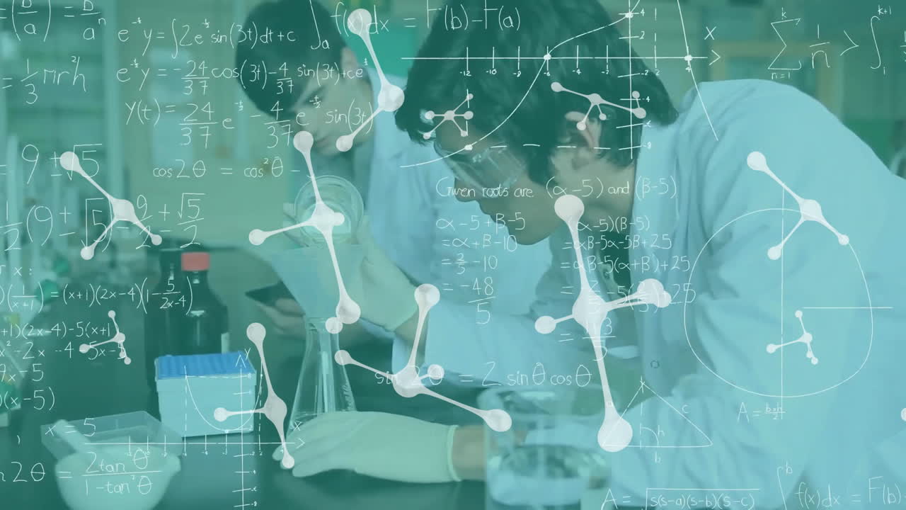 실험실에서 다양한 과학자들에 대한 과학적 데이터 처리 및 분자의 애니메이션