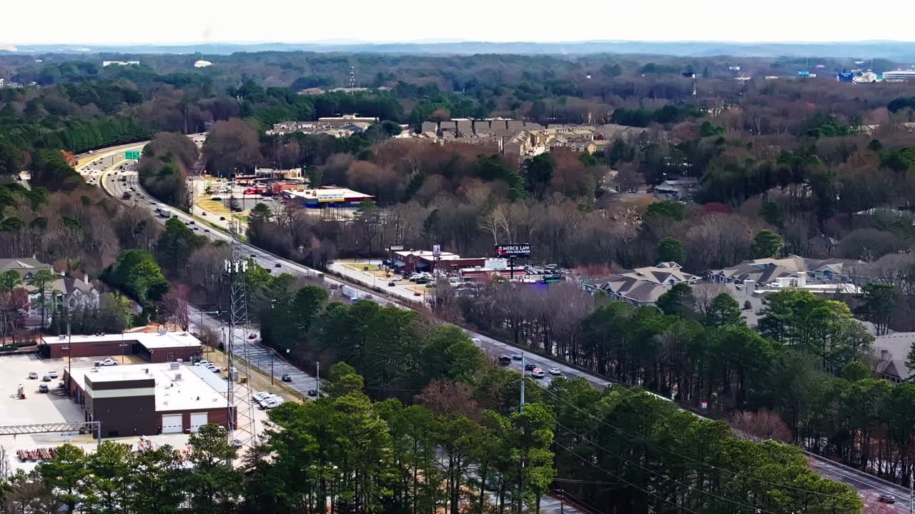 Panoramic Aerial View Of Highway With Traffic In Dunwoody In DeKalb County, Georgia, United States.