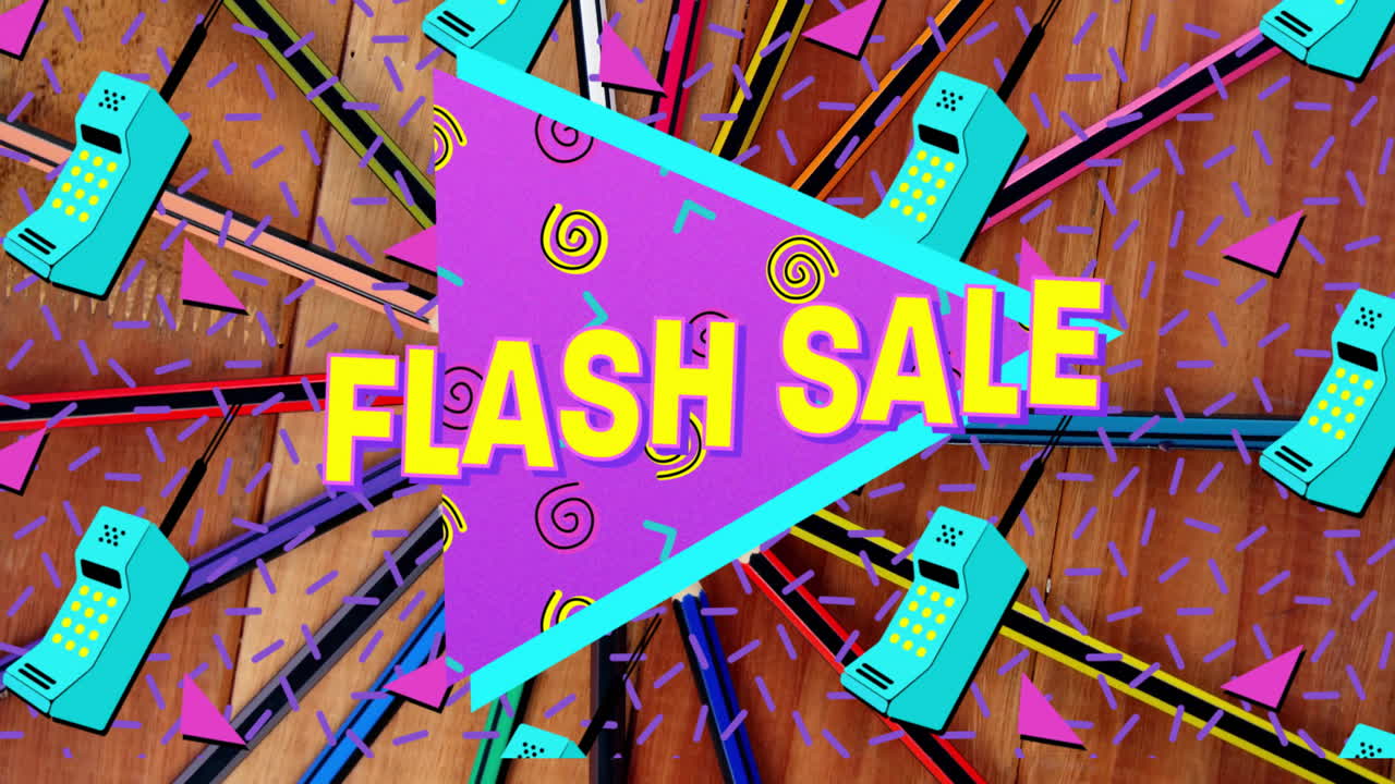 Flash sale triangle glowing over wood texture, radiating neon bars and rotating telephone icons