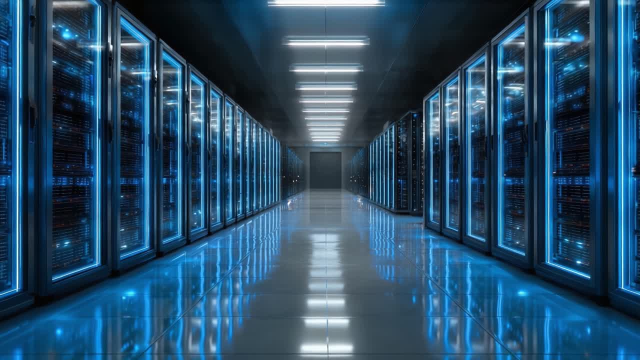 Et indblik i et futuristisk datacenter: Oplyst gang mellem rækker af højteknologiske serverracks, der viser avanceret computerinfrastruktur.