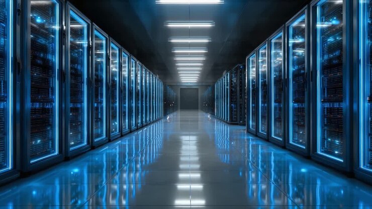 Uno sguardo al data center futuristico: Corridoio illuminato tra file di armadi server ad alta tecnologia che mostra un'infrastruttura computazionale avanzata