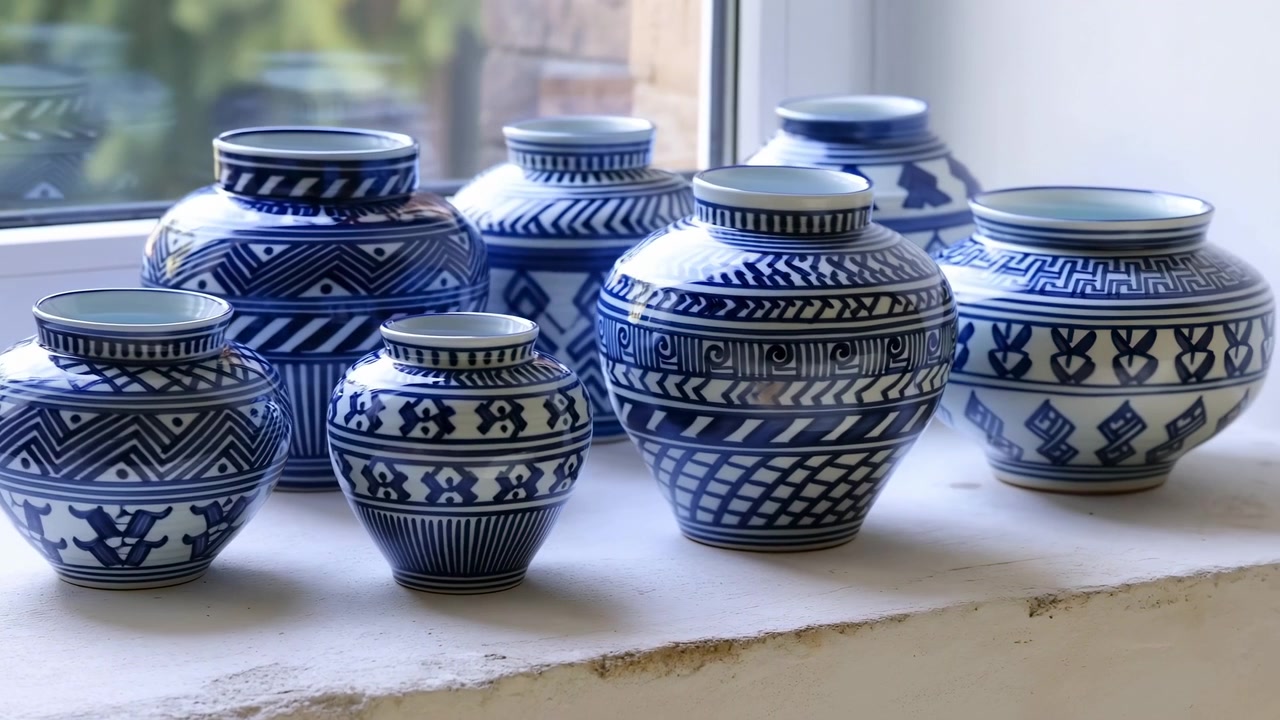 Blåvita keramikburkar arrangerade på en fönsterbräda med naturligt ljus, från ett fast sidoperspektiv, med närliggande föremål.