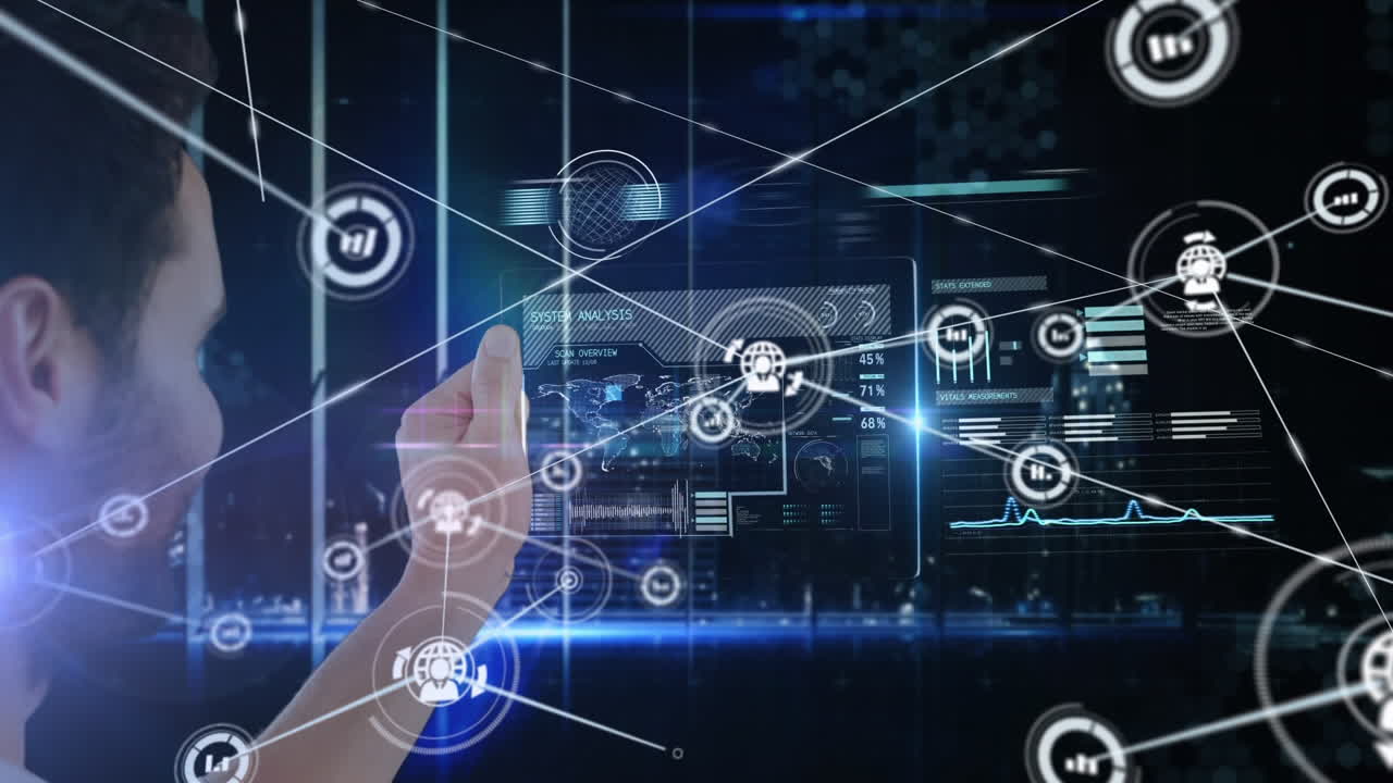 el hombre usa una tableta futurista con conexiones de red global sobre un fondo azul.