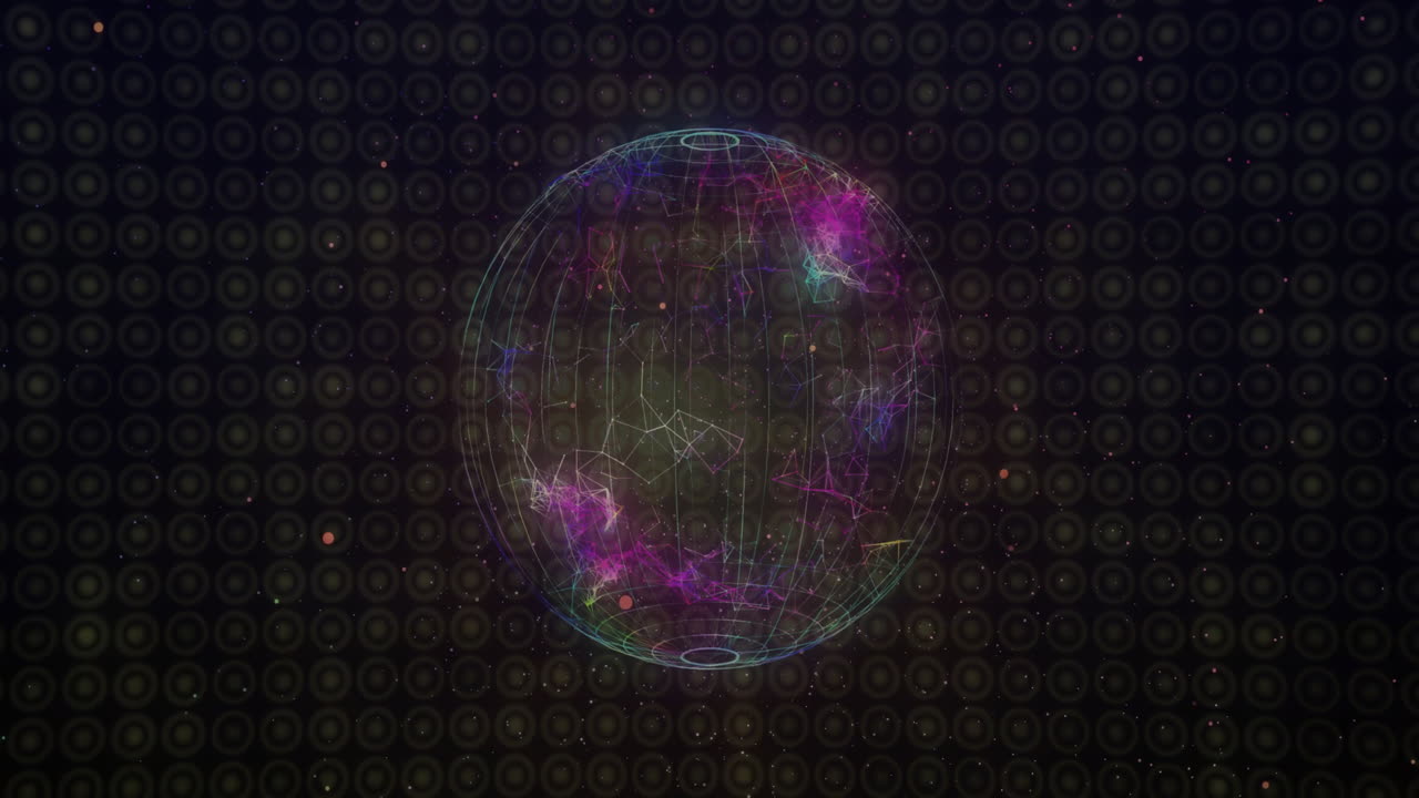 Digital globe glowing with colorful network connections over dark animation background