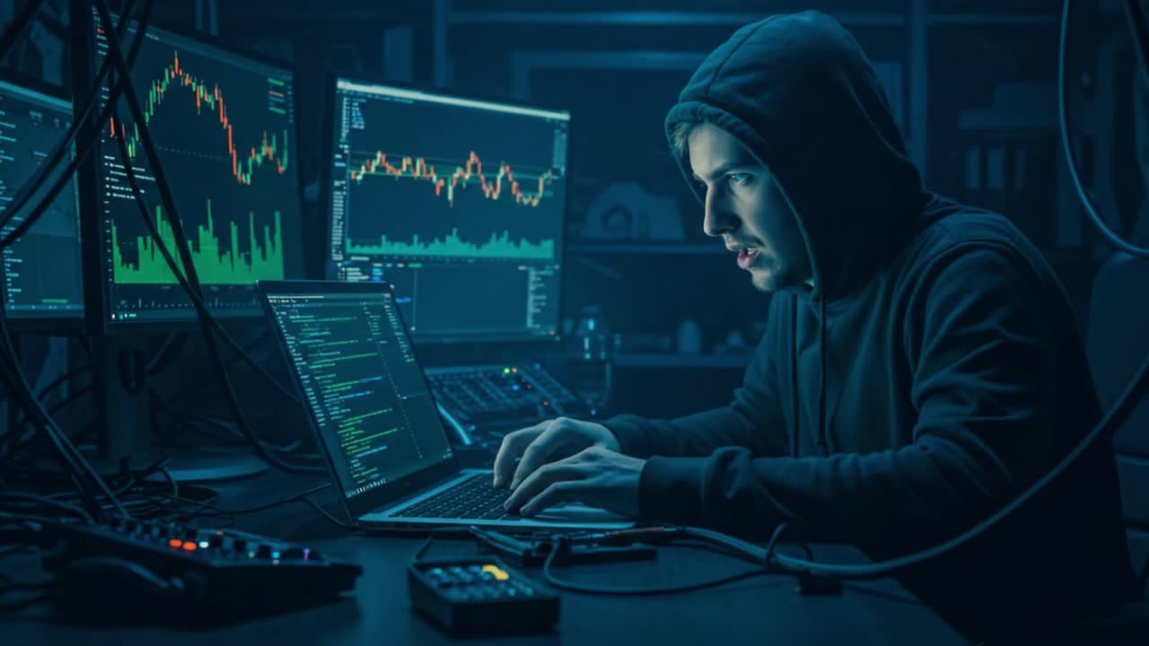 A Focused Individual Analyzing Complex Data on Multiple Monitors in a Dark Environment, Surrounded by Technology and Cables, Symbolizing Modern Data Analysis and Cybersecurity