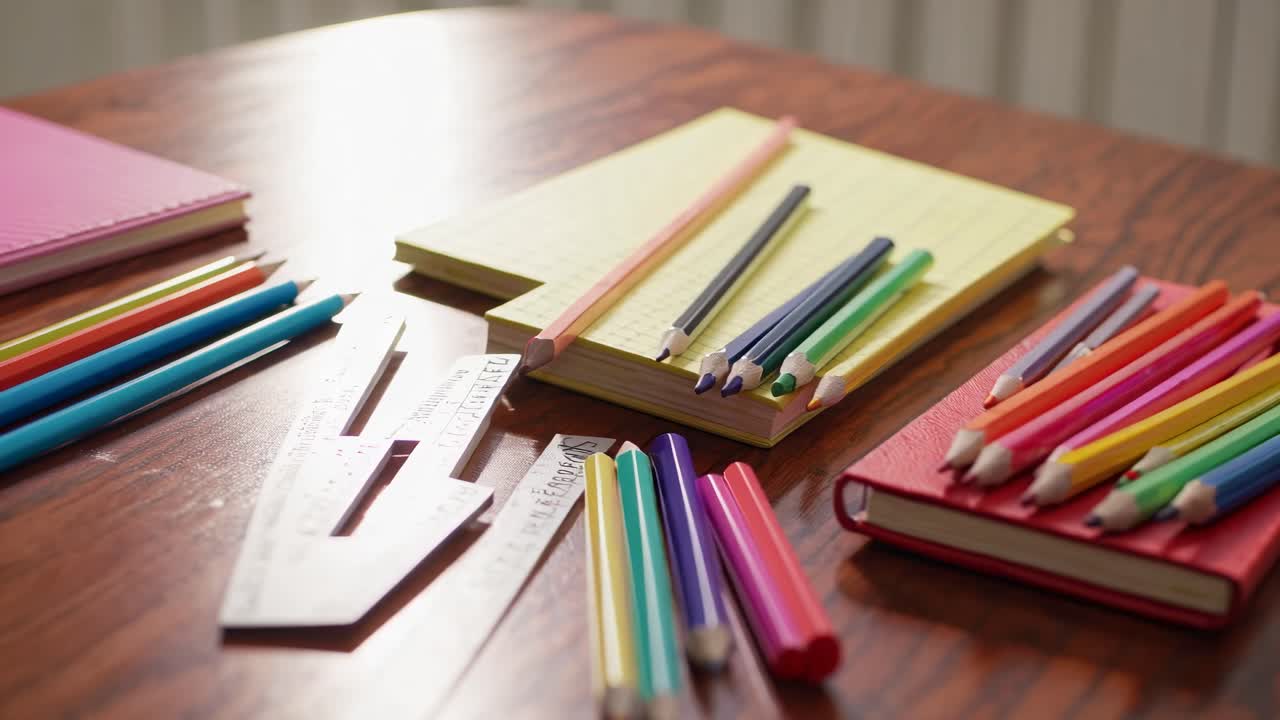 Colorful pencils and notebooks on a wooden table, captured from a side angle