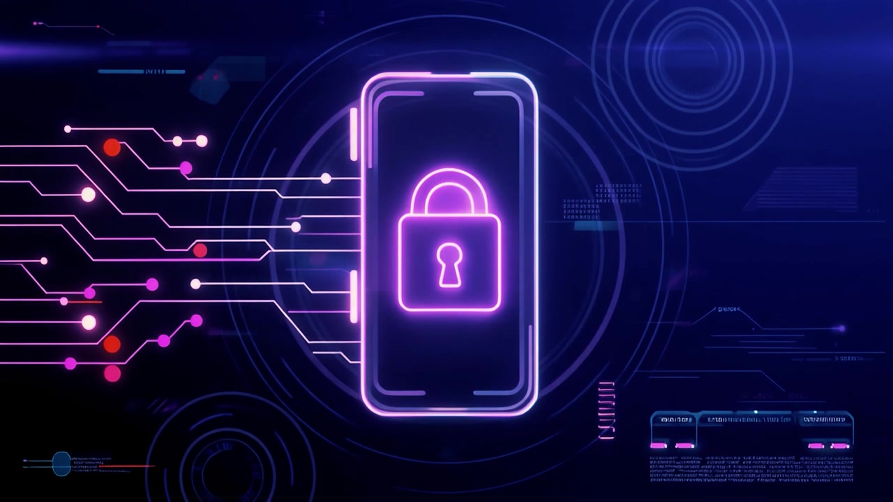 Neon Smartphone with Padlock for Digital Security Concept