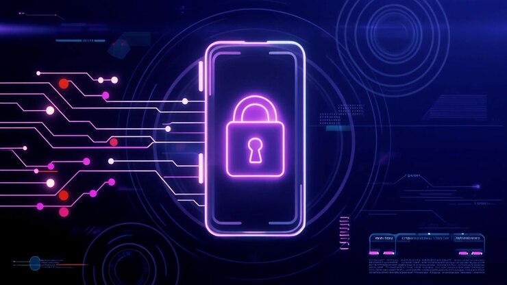 Neon Smartphone with Padlock for Digital Security Concept