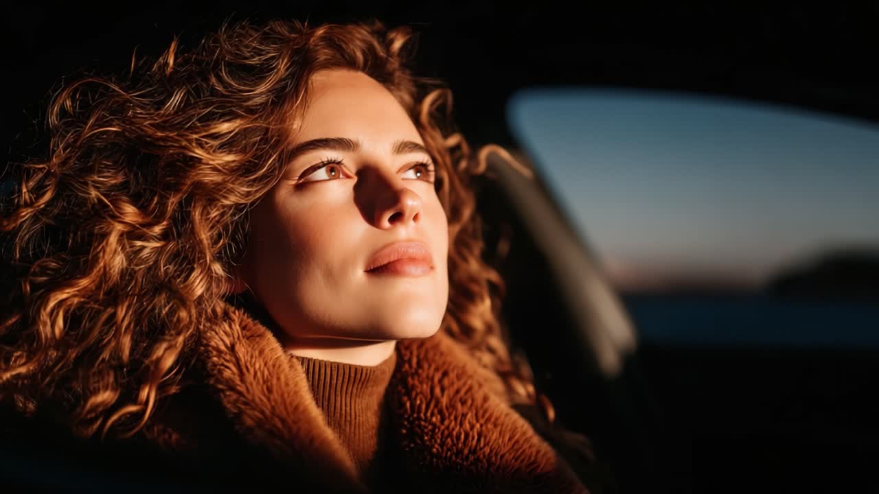A Serene Moment of Reflection: A Young Woman Enjoys a Peaceful Sunset from Inside Her Car, Embracing the Warm Glow and the Beauty of Nature's Light