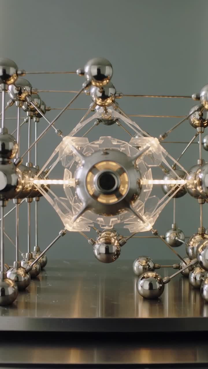 Vertical video: Lighting causing sculpture rotating, casting gleams on gray table with hex hub orbs