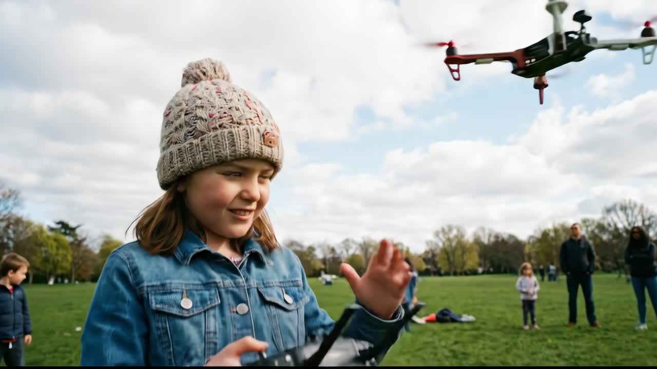 Ung pige, der flyver med en drone med fjernbetjening i en park