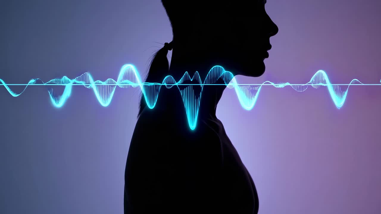 Silhouette of a person in profile with glowing sound waves across the frame
