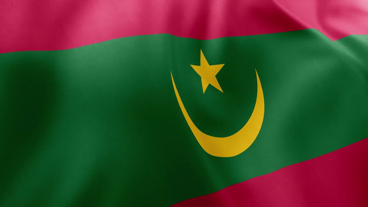 Realistic waving flag of Mauritania, green field, red stripes, golden crescent, star. Northwest African nation symbol, Nouakchott, patriotism, Mauritania