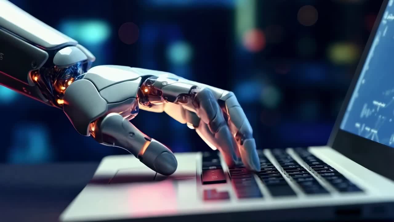 Close-up, side angle of a robotic hand typing on a laptop, showcasing futuristic technology