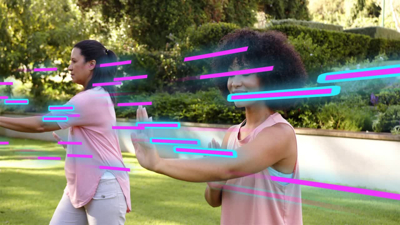 Woman on right starting prayer hold, guiding calm arm flow for wellness, neon streaks overlaying