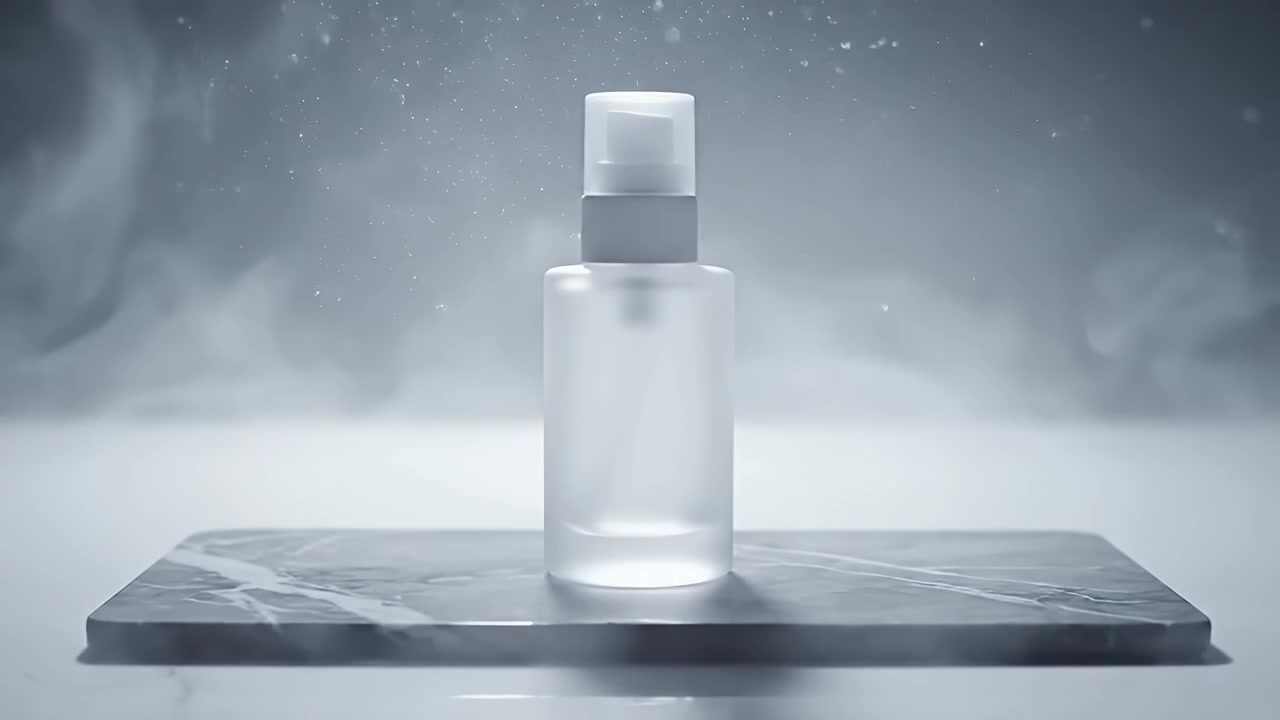 Flacone spray cosmetico smerigliato su base di marmo con nebbia che si dissolve