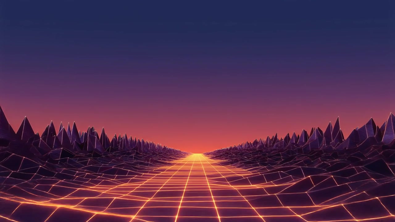 Paesaggio digitale in stile synthwave retrò con griglia luminosa