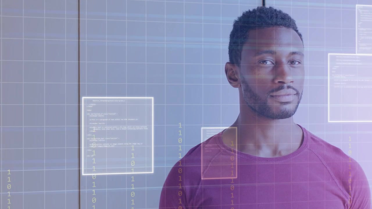 Man turning head as frame reveal triggers grid, panels, code streams overlaying body for tech demo