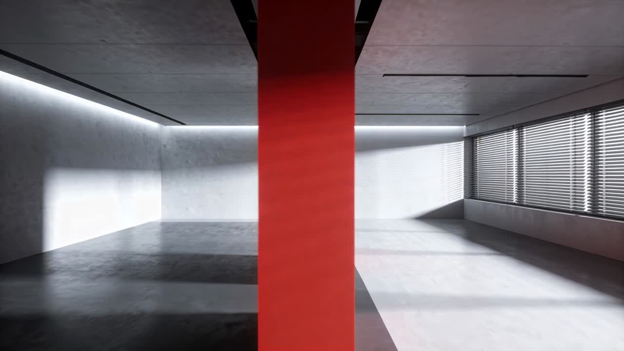 Video verticale: luce solare che filtra attraverso le veneziane creando una colonna rossa che divide la galleria, scandendo il tempo.