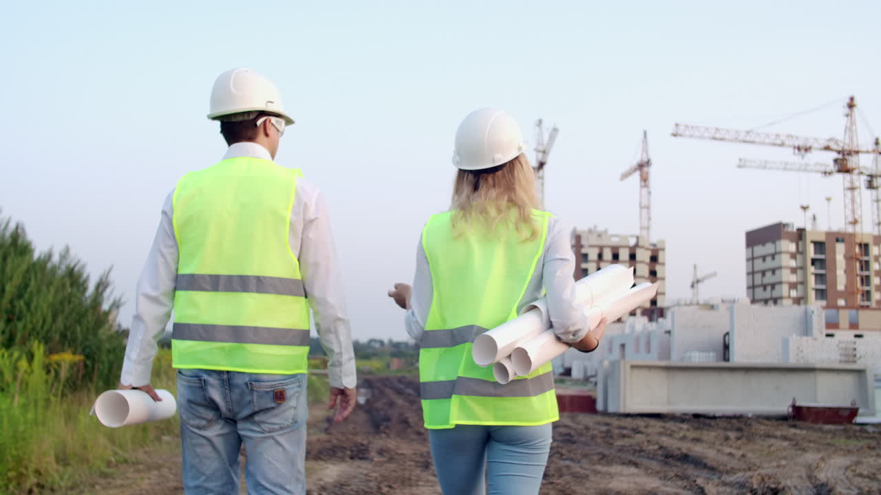 Back turned engineer and technician at construction site reviewing office blueprints and technical drawings walk and discussing.