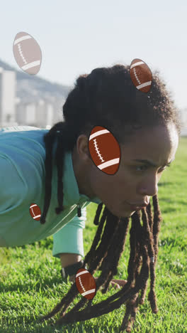 Animation-of-rugby-ball-icons-over-biracial-woman-exercising-in-park