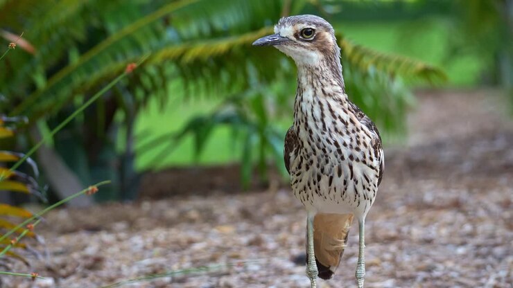 Un occhione brizzolato (Burhinus grallarius) allertato dall'ambiente circostante, assume una postura territoriale e si allontana lentamente, ripresa ravvicinata.