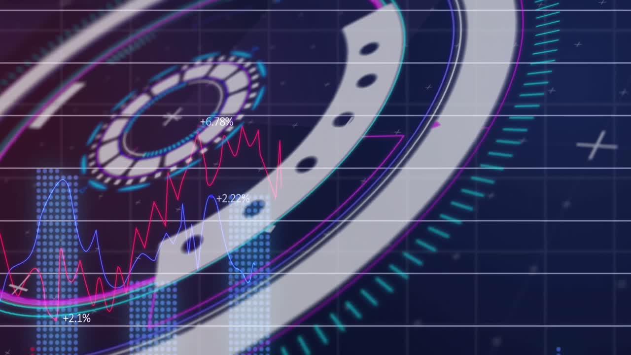 Animation of financial data processing over scan scoping on blue background