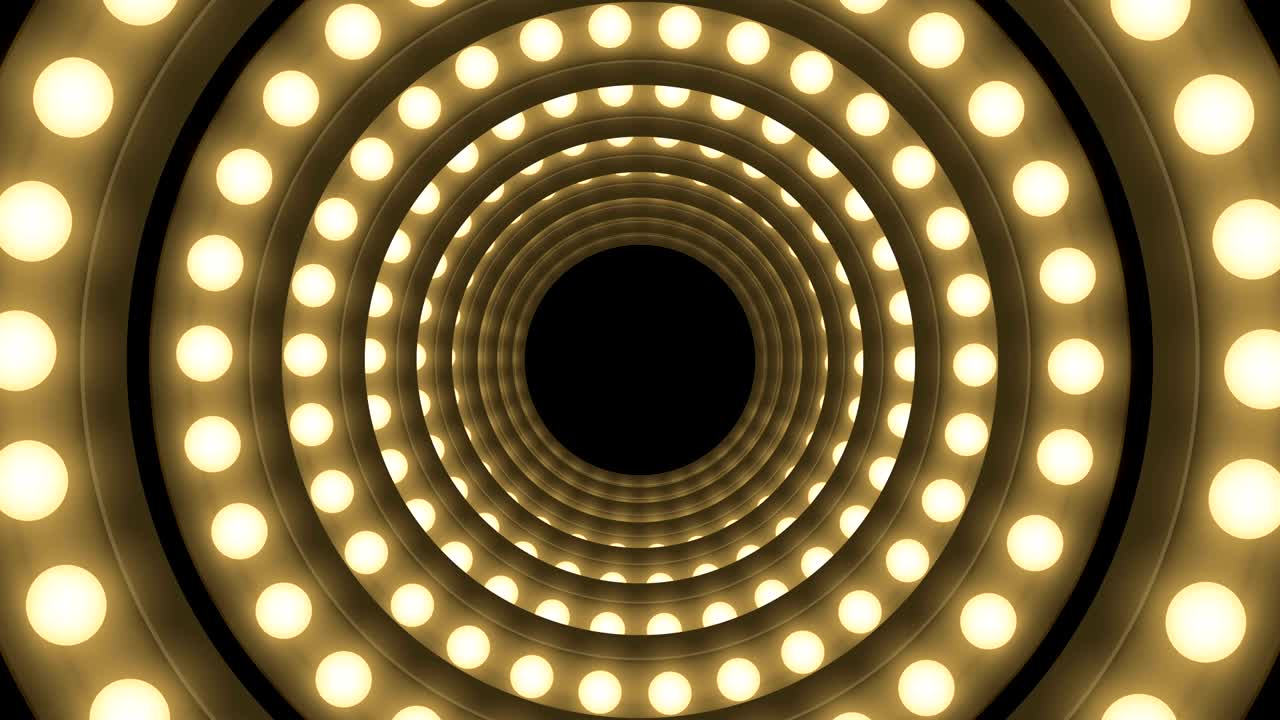 la forma del círculo del marco de la bombilla incandescente del túnel gira el patrón en movimiento, el estilo virtual retro 3d, la ilustración del brillo en fondo oscuro, la animación de bucle sin costuras en 4k, con espacio de copia.