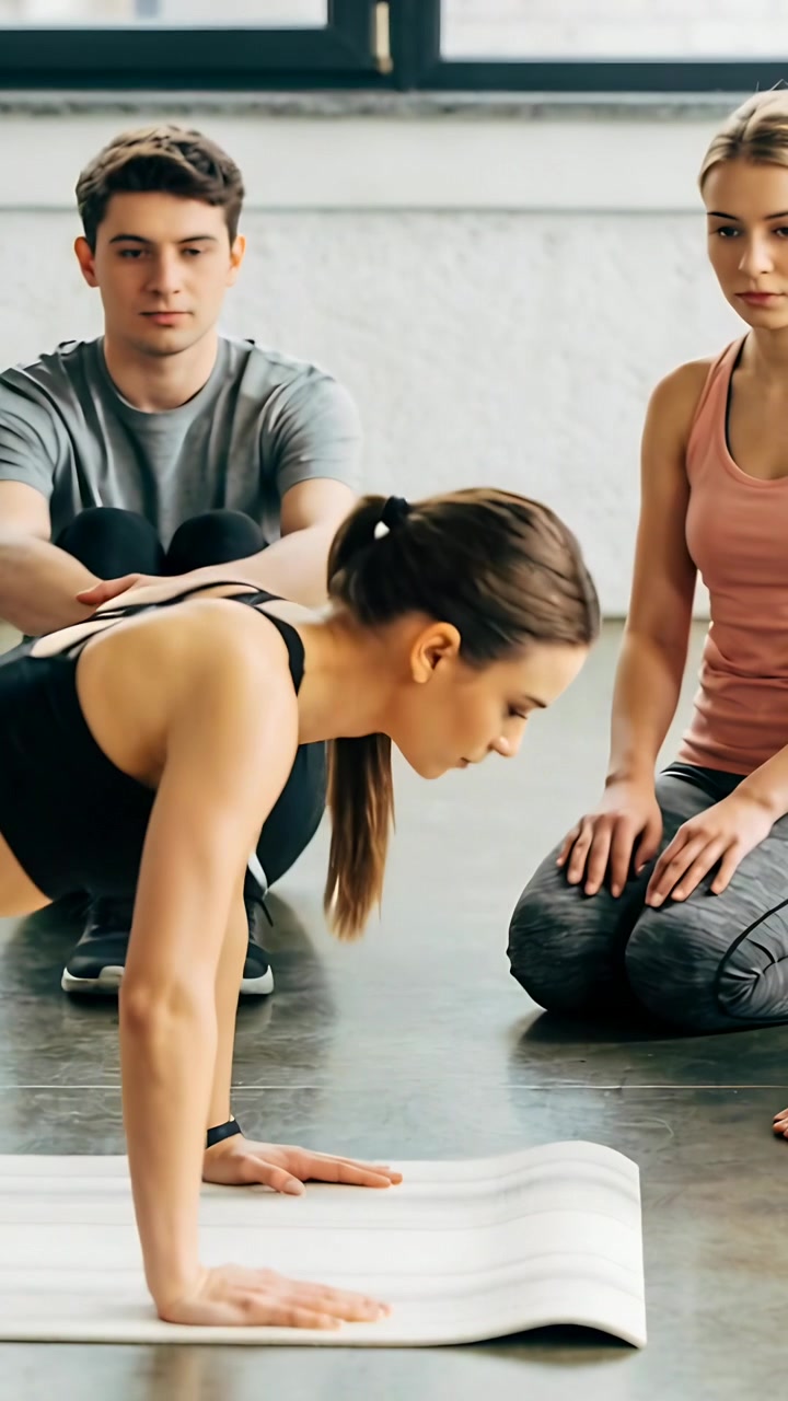 Video vertical: Mujer con sujetador negro colocando las manos, bajando y empujando el pecho hacia una colchoneta a rayas en entrenamiento de gimnasio