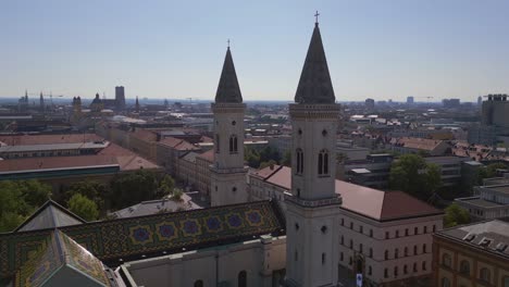 lovely aerial top view flight church clock st ludwig city town munich germany bavarian, summer sunny blue sky day 23