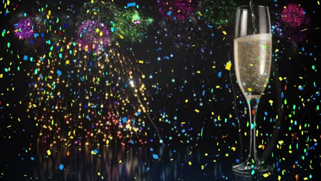 animation of with colourful confetti and fireworks and champagne glass, on black