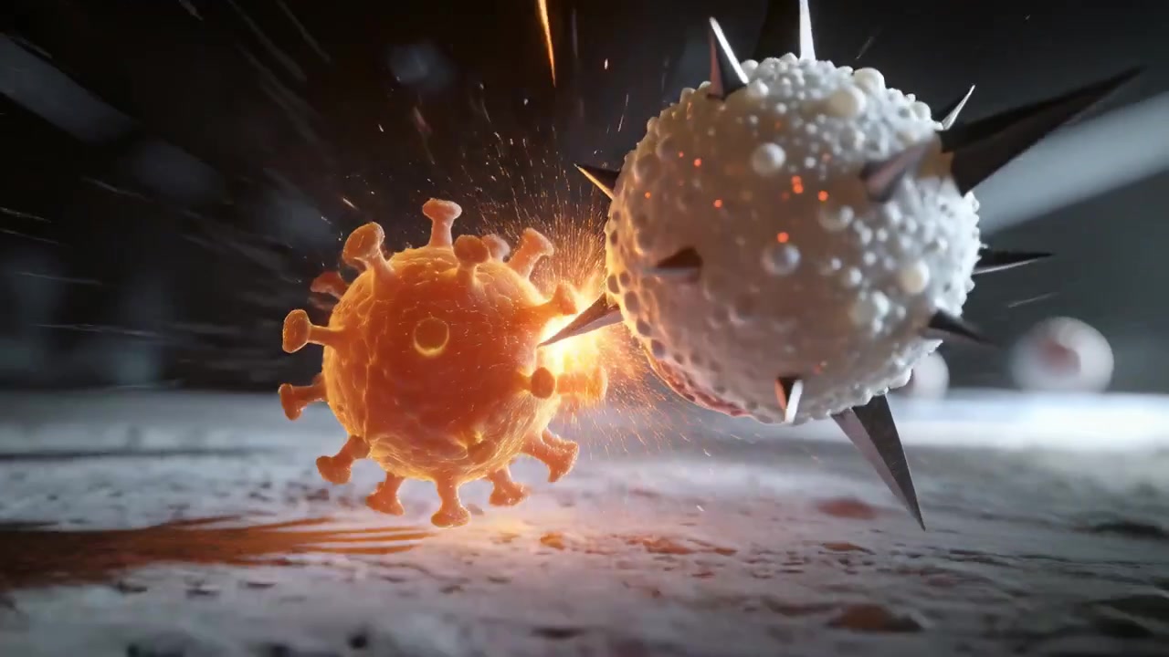 Cellula spinosa che si avvicina e contatta un virus arancione su un tessuto, con filamenti che si estendono e rompono la membrana.