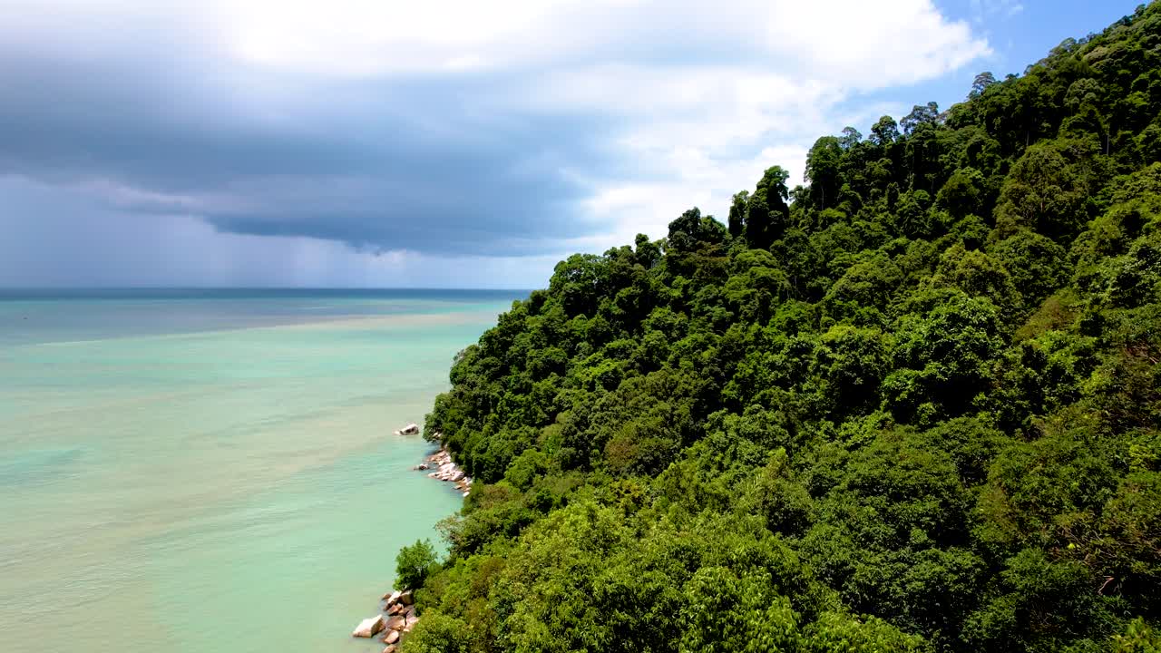 vista aérea del mar azul y árboles densos en el bosque en el parque nacional de penang, penang, malasia
