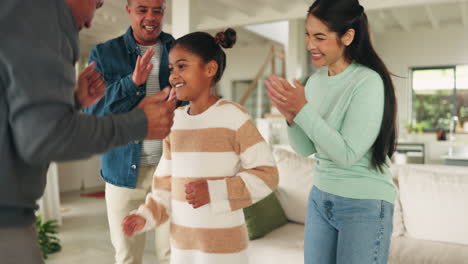 Dancing,-family-home-and-clapping-for-child-to