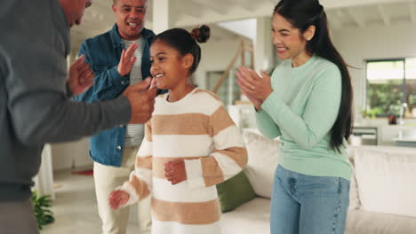 dancing, family home and clapping for child to