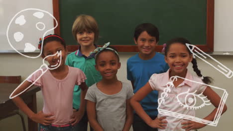 animation of school icons over diverse schoolchildren in classroom