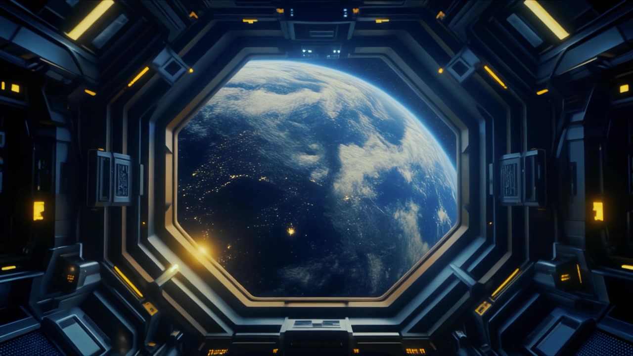 Vista della Terra dall'interno di una stazione spaziale futuristica