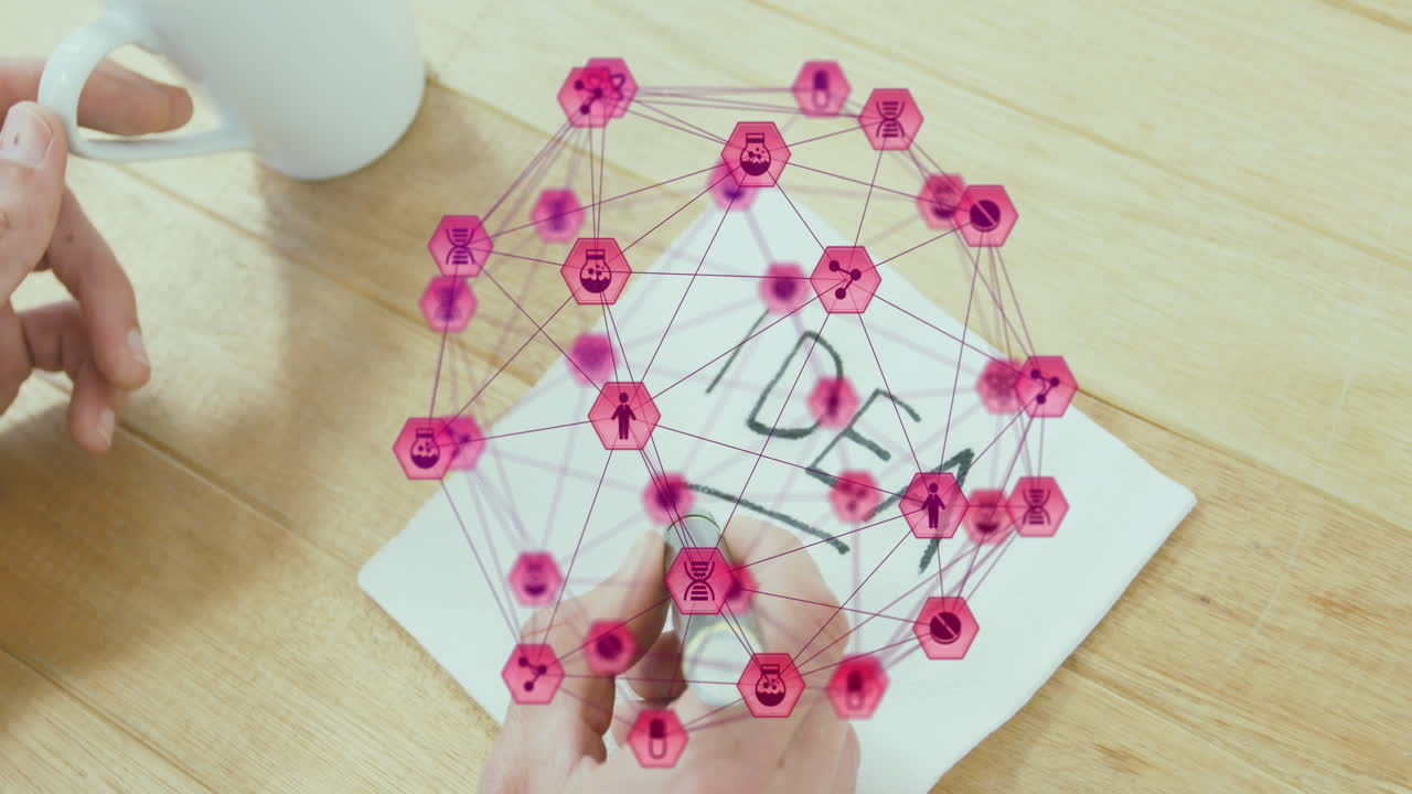 animación de iconos conectados globo, manos recortadas sosteniendo café y escribiendo idea palabra en papel