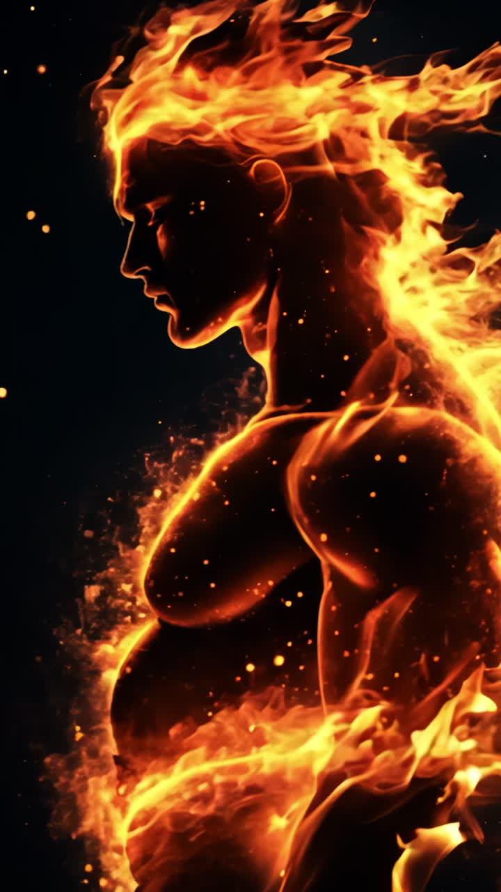A man with a muscular body is surrounded by fire and smoke. Concept of power and strength, as well as danger and destruction. The flames and smoke create a dramatic and intense atmosphere