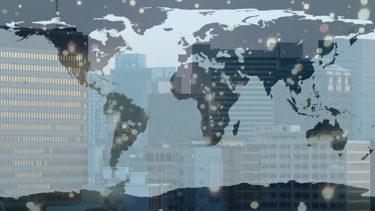 World map outline appearing over city skyline with drifting bokeh dots pulsing to show network